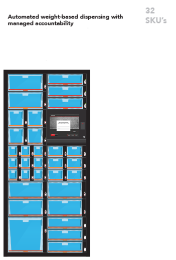 32 SKU's: High Quantity - Smaller Items. Automated weight-based dispensing with managed accoutability.